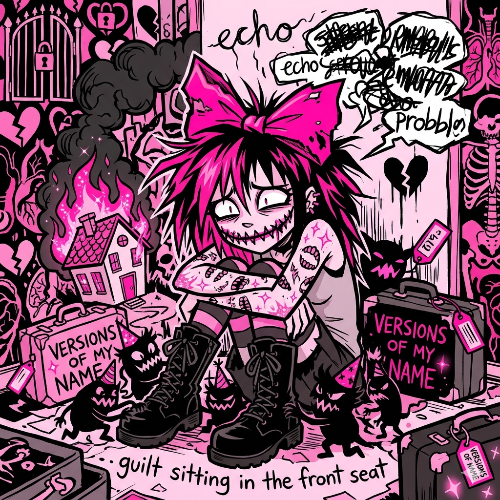 A jagged shattered mirror with a feral grinning alter and an overwhelmed alter covered in pink shrapnel